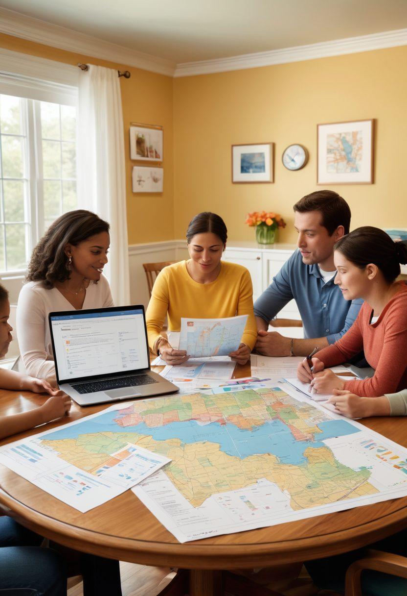 A family discussing healthcare options around a dining table, with paperwork and a laptop open, surrounded by symbols of New Jersey like the state map and flowers. The atmosphere is warm and inviting, showcasing the importance of support and community. Include subtle icons representing health coverage and family services in the background. vibrant colors. super-realistic. natural light.