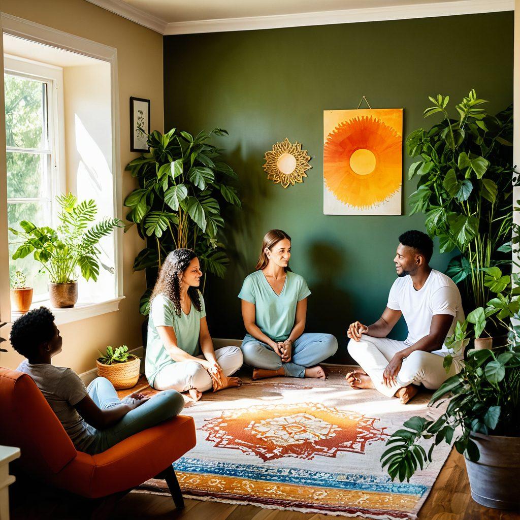 A serene family counseling session taking place in a cozy, sunlit room with diverse family members engaged in open conversation. Include elements of wellness, such as plants, calming colors, and holistic symbols like chakras or nature elements. Showcase a professional counselor guiding the session with warmth and empathy. Emphasize a sense of unity, healing, and support among the family members. super-realistic. vibrant colors. cozy atmosphere.
