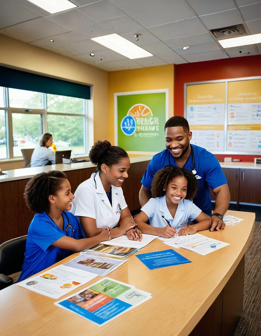 A warm and inviting scene showcasing a diverse family happily engaging in health services at a community center in New Jersey. Include elements like a welcoming front desk, informative pamphlets about family care programs on the walls, and friendly healthcare professionals interacting with families. Incorporate symbols of healthcare, like stethoscopes and check-up charts, while highlighting the vibrancy of New Jersey through local landmarks out the window. bright colors. super-realistic. family-friendly atmosphere.